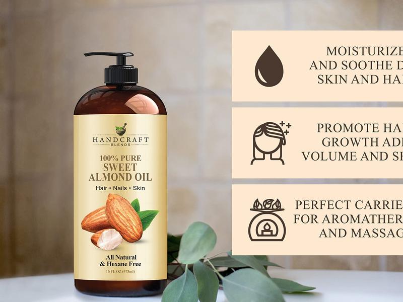 Handcraft Blends Sweet Almond Oil - 16 Fl Oz - 100% Pure and Natural - Premium Grade Oil for Skin and Hair - Carrier Oil - Hair and Body Oil - Massage Oil - Cold-Pressed and Hexane-Free