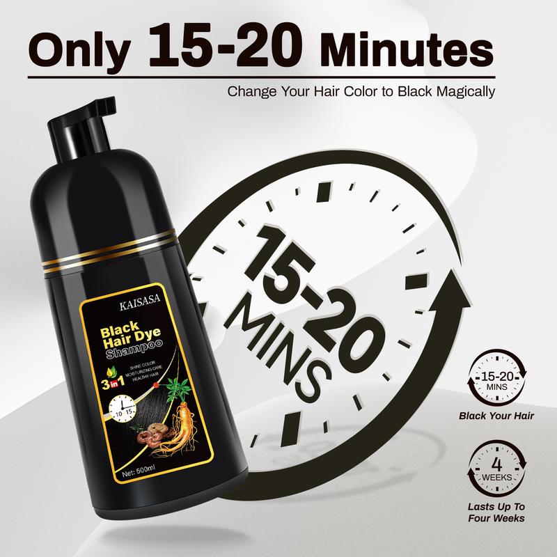 KAISASA Black Hair Dye Shampoo 3 in 1,Can cover gray hairs,Herbal Ingredients,Contains Ginseng Extract,Natural Haircoloring, Plant Haircare