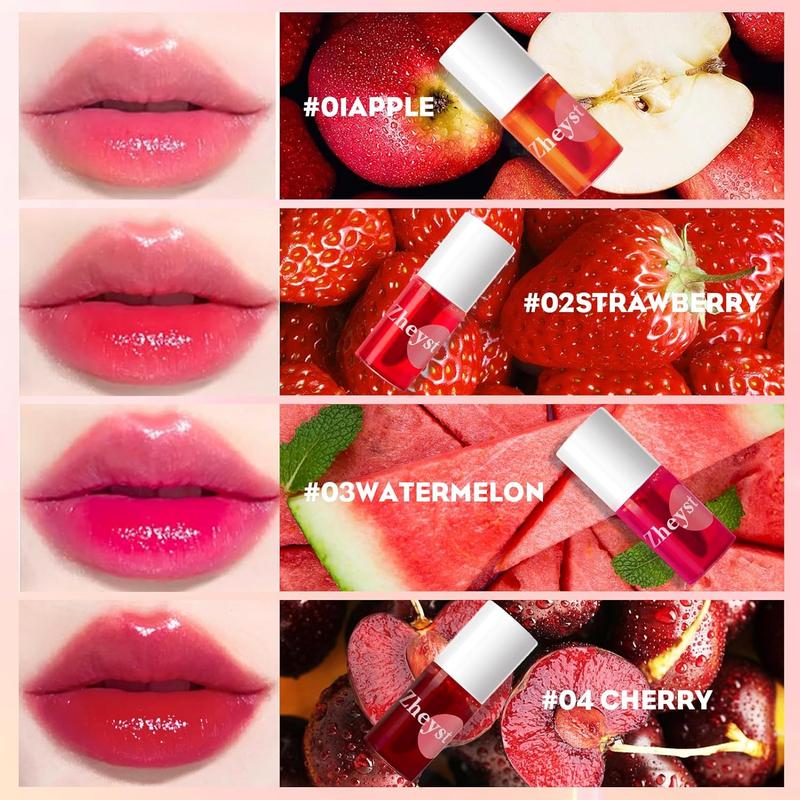 Lip Tint Korean Stain Set, 4 Colors Tinta Para Labios Waterproof Long Lasting Plumping Lip & Cheek Tint Moisturizing Non-sticky Easy Apply Mini Water Lipstick(Apple& Strawberry& Watermelon& Cherry)