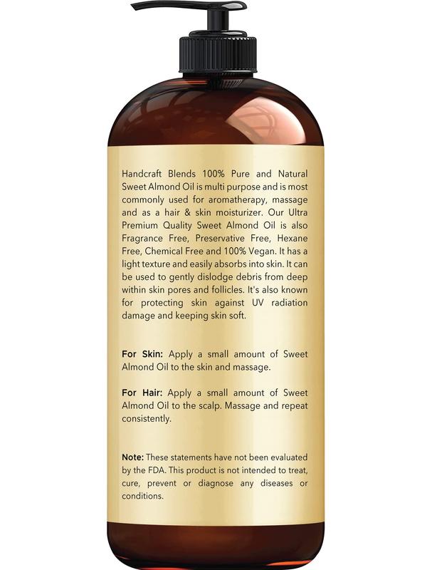 Handcraft Blends Sweet Almond Oil - 16 Fl Oz - 100% Pure and Natural - Premium Grade Oil for Skin and Hair - Carrier Oil - Hair and Body Oil - Massage Oil - Cold-Pressed and Hexane-Free