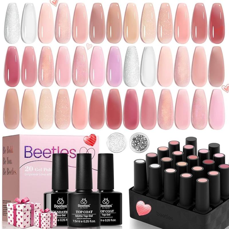 Beetles Pink Nude Gel Nail Polish Set, 20 Colors Summer Neutral Jelly Pink Sheer Glitter White Color Soak Off UV Gel Kit with Base Gel Glossy Matte Top Coat DIY Manicure Gifts