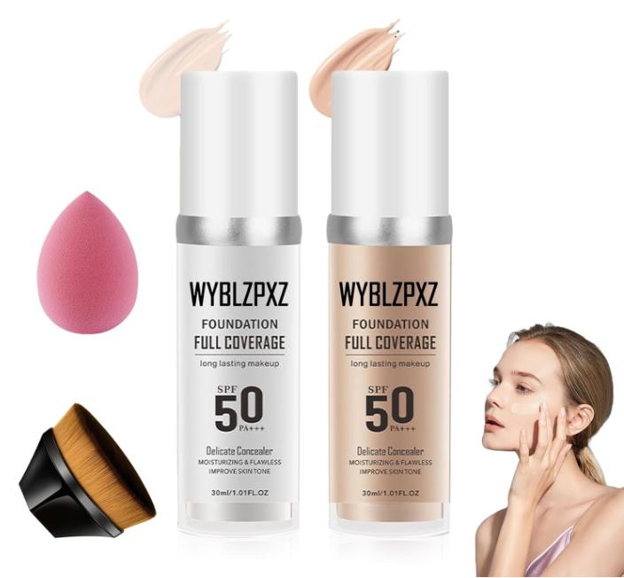 2PCS Color Changing Makeup Foundation Set with Brushes & Makeup Sponge,Flawless Full Coverage Foundation SPF50 PA+++,Moisturizing Non-greasy Liquid Foundation for Women