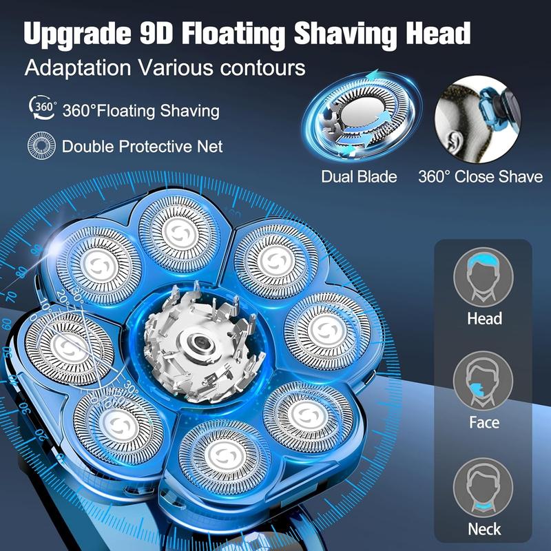 9D Electric Head Shaver for Bald Men, Upgraded 6-in-1 Head Shaver for Bald Men, Waterproof Wet Dry Grooming Kit Electric Shaver for Men, Cordless Rechargeable Bald Head Razor for Home&Travel