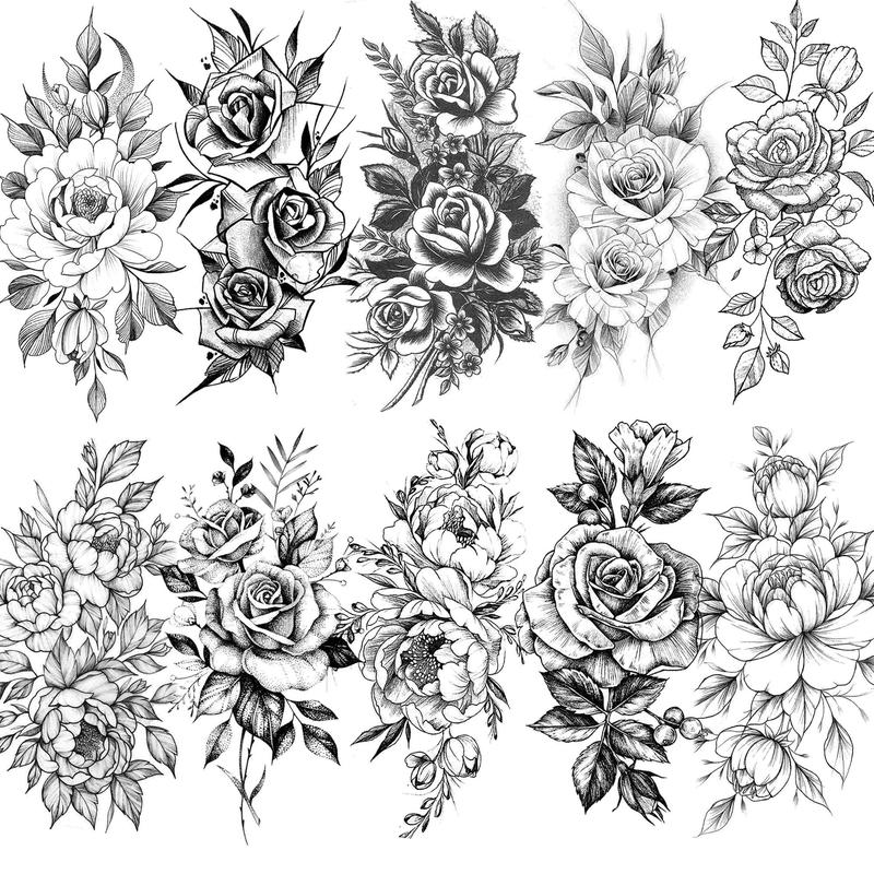 Flower Pattern Temporary Tattoo Sticker, 10pcs set Realistic Fake Tattoo Sticker, Body Art Decoration for Women & Men