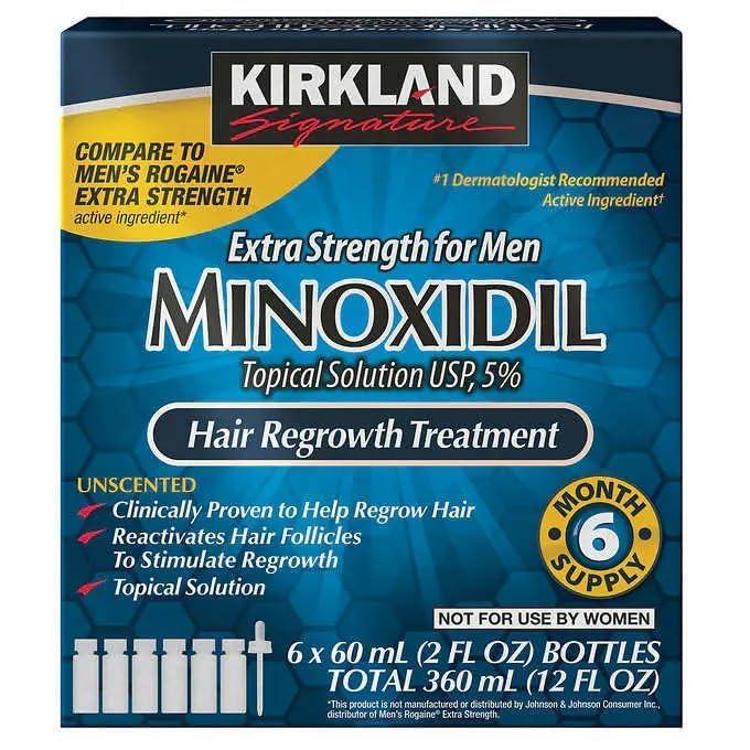 Kirkland Minoxidil Hair Care Liquid Extra Strength Hair Regrowth Treatment for Men 5% Topical Solution, 6 Month Supply, Dropper & Free Guide Included