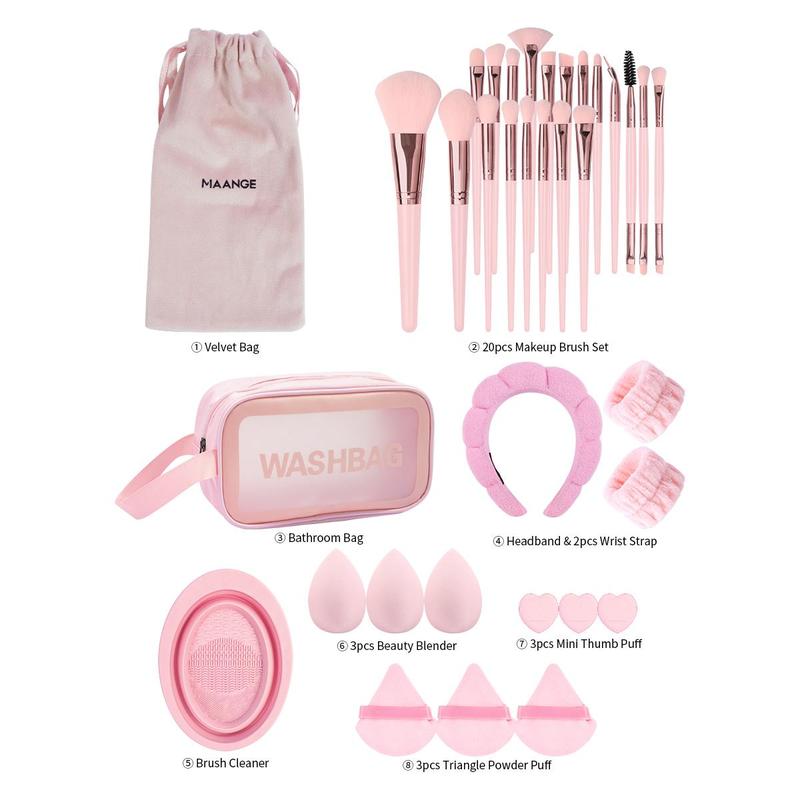 Makeup Tool Set, 35pcs set Makeup Brush & Makeup Bag & Sponge & Powder Puffs & Brush Cleaning Bowl & Wristband & Hairband, Professional Makeup Tools for Women