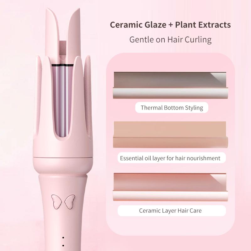 Newme Professional Styling Made Easy: 1.25 inch Professional Automatic Rotating Curling Iron with Tourmaline, Fast Heating, Dual Voltage, and Smart Sensor – Perfect for Comfortable and Safe Hair Styling, Exclusive Gift，Pink Curler，Starter's curler,