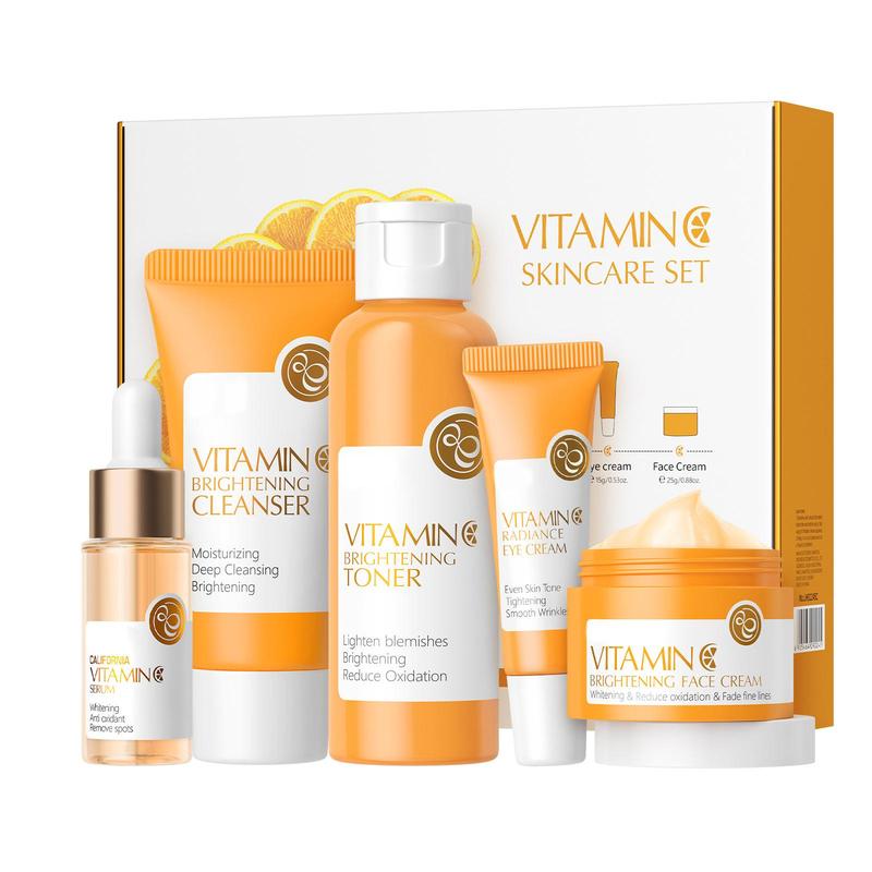 Vitamin C Skincare kit, 5 Counts set Facial Cleanser & Refreshing Toner & Facial Moisturizer & Eye Cream & Hydrating Face Essence & Sun Care Cream