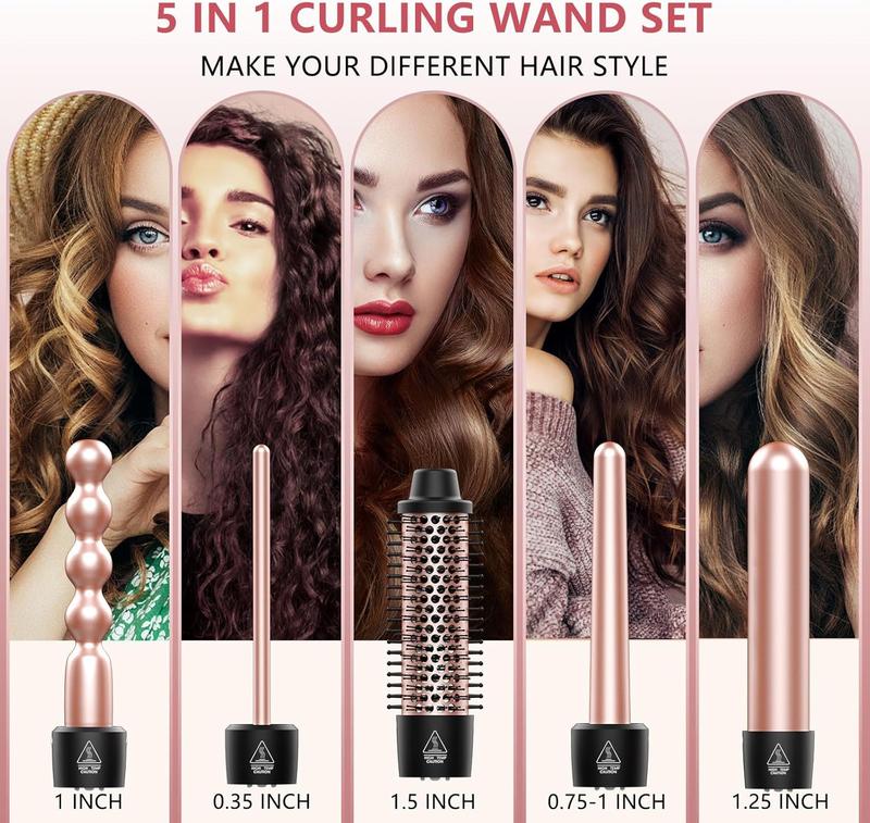 Curling Iron Set,  5 in 1 Curling Wand Set with Thermal Brush&4 Interchangeable Ceramic Curling Wand(0.35-1.25), 2 Temps Instantly Heating  Wand Curler