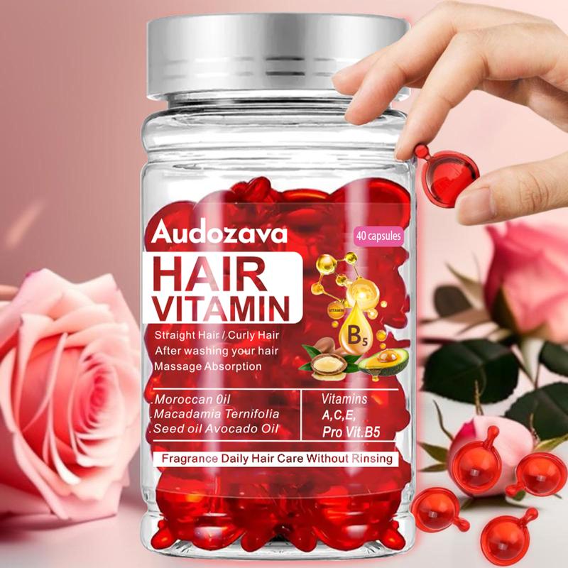 Hair Repair Serum Capsules Red, Enriched with Argan, Macadamia & Avocado Oils - Vitamins A C E Pro B5 - Unisex Hair Conditioner Treatment, Repair Damaged Hair