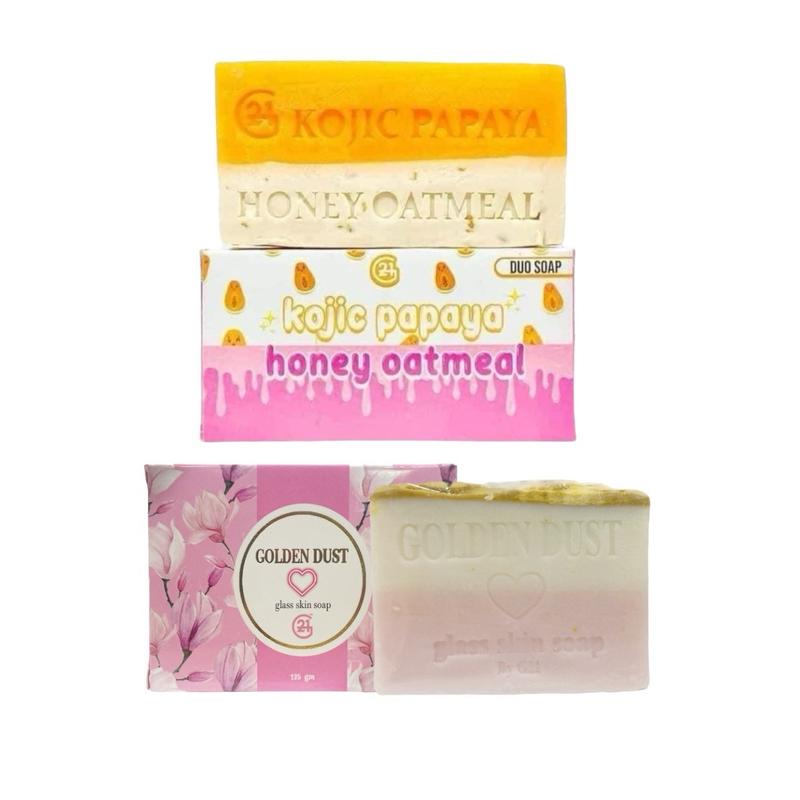 G21 Philippines Golden Dust Glass Skin Soap & Duo Soap with Kojic, Papaya, Honey & Oatmeal for Sensitive Skin - Facial