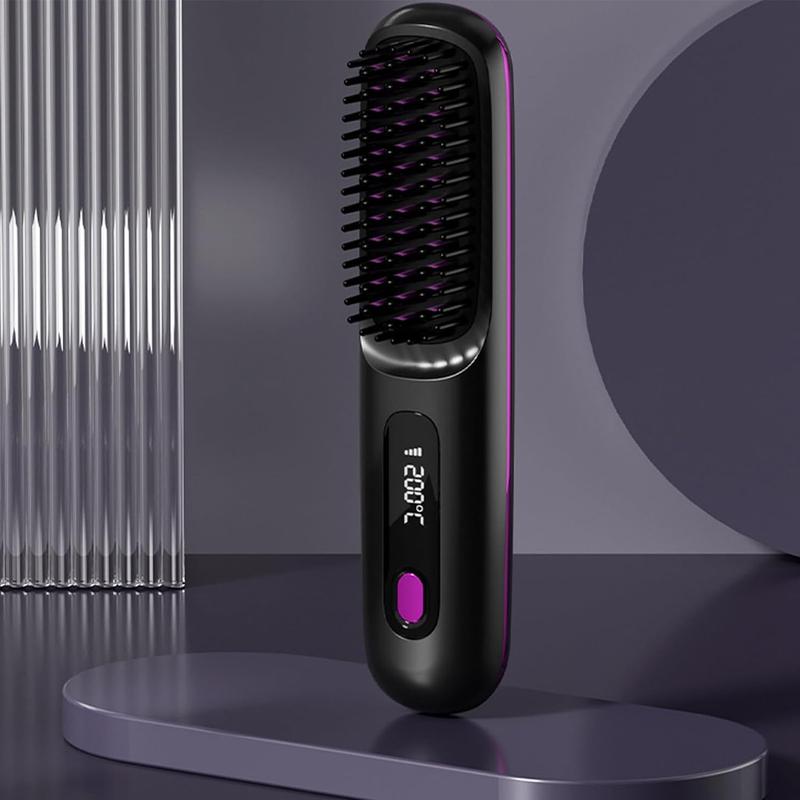 A Cordless Hair Straightener Brush oval brush Portable Negative Ion Hot Comb Long Battery Life with USB Rechargeable Feature Fast Heating Anti-Scald 3 Temp Settings , 20Mins Auto-Off, for Travel