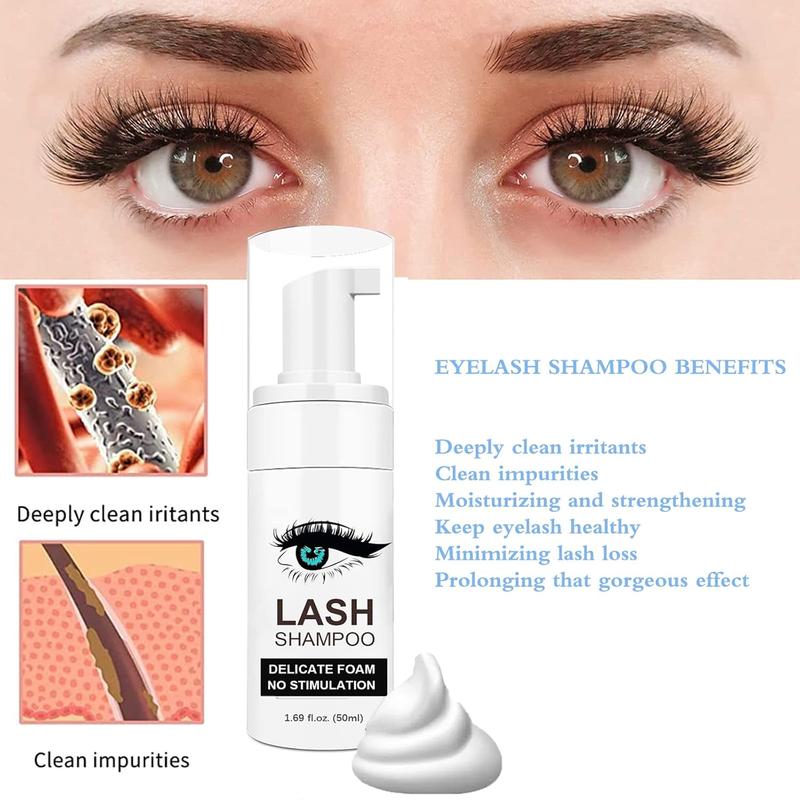 Christmas gift Lash Shampoo for Extensions - 50ml Eyelash Foam Cleanser with 50 Brushes, Rinse Bottle & Mini Fan - Oil & Sulfate Free Makeup Remover