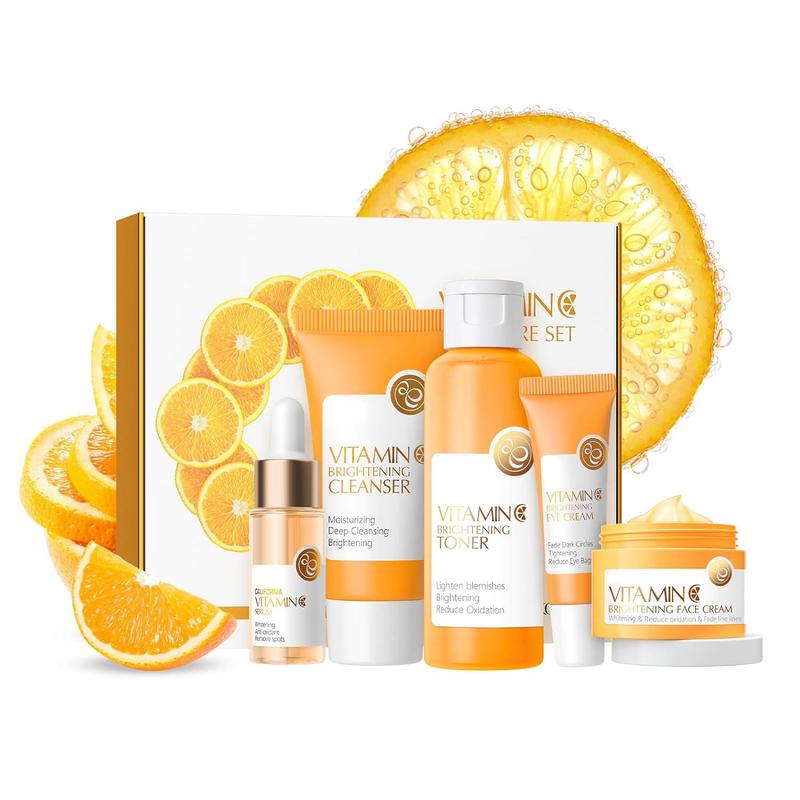 Vitamin C Skincare kit, 5 Counts set Facial Cleanser & Refreshing Toner & Facial Moisturizer & Eye Cream & Hydrating Face Essence & Sun Care Cream