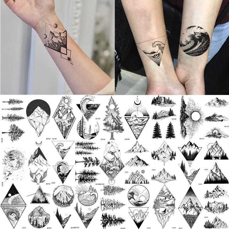 Mountain Series Pattern Temporary Tattoo Sticker, 52pcs set Vintage Fake Tattoo Sticker, Body Art Decoration for Men & Women