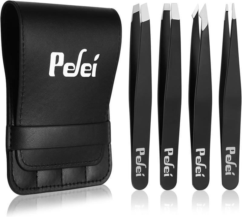 Pefei Tweezers Set - Professional Stainless Steel Tweezers for Eyebrows - Great Precision for Facial Hair, Splinter and Ingrown Hair Removal (Black)