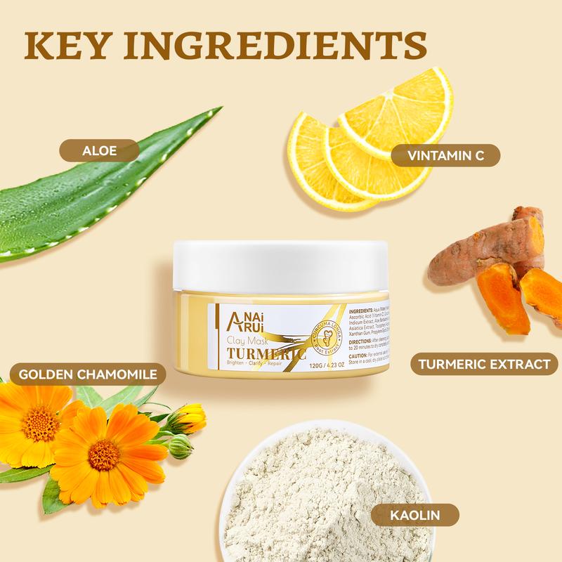 ANAiRUi Turmeric Face Mask with Vitamin C, Vitamin E, Kaolin Clay for Cleansing, Dark Spots Suitable for Oily Skin, Skincare SPA Pore Mask At Home