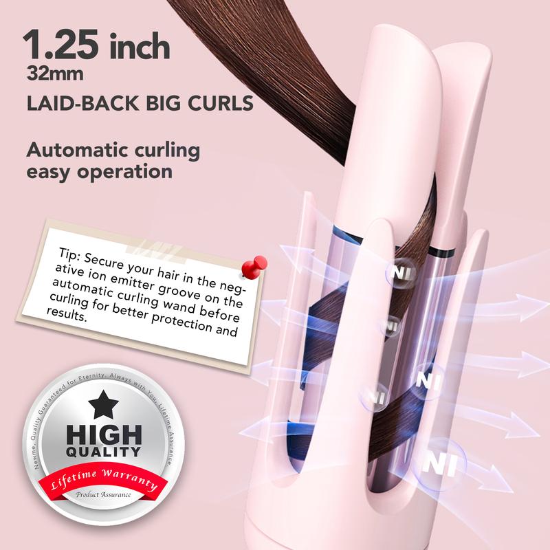 Newme Professional Styling Made Easy: 1.25 inch Professional Automatic Rotating Curling Iron with Tourmaline, Fast Heating, Dual Voltage, and Smart Sensor – Perfect for Comfortable and Safe Hair Styling, Exclusive Gift，Pink Curler，Starter's curler,