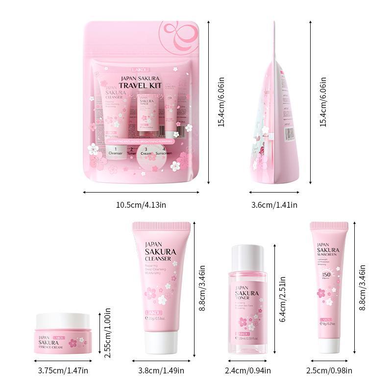 Sakura Travel Skincare Kit, 1 Count Deep Cleaning Facial Cleanser & 1 Count Moisturizing Facial Cream & 1 Count Softening Toner & 1 Count Hydrating Sunscreen, Professional Facial Skin Care Kit