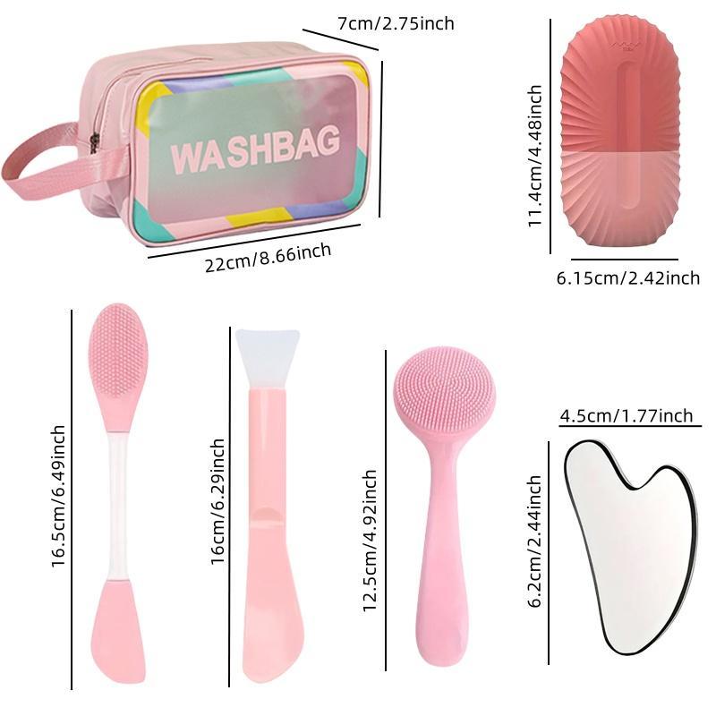 Facial Massage Care Set (6 Counts set), Stainless Steel Heart Shaped Scraping Board & Silicone Ice Roller & Brush & Wash Bag, Skin Care Tool for Women, Christmas Gift