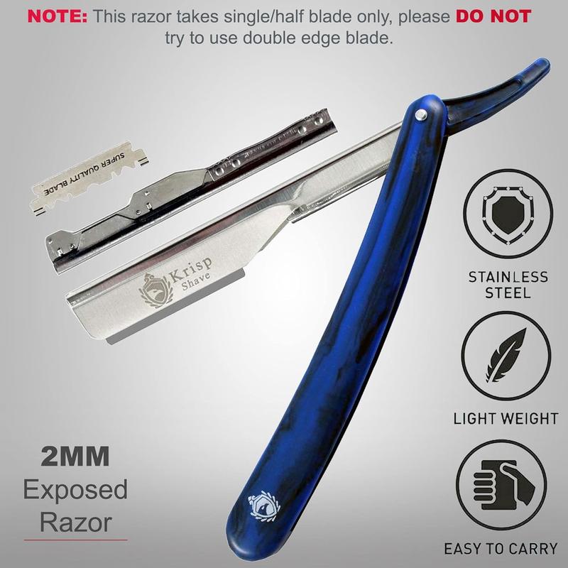 Krisp Beauty Professional Classic Straight Edge Barber Razor Shave 2mm Exposed Blade Disposable For Close Shaving - Salon Quality Manual Men's Beard Cut Throat Shaver Shavette With 10 Shaving Blades Durable Handle Kit Stainless Comfort