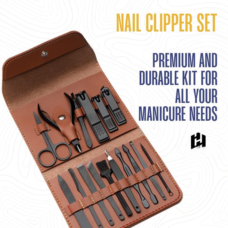 Kit -  Clipper Set - Manicure Set -16 Stainless Steel Pieces Manicure Kit For Mens - Pedicure Kit For Men - Mens Grooming Kit With Brown Leather portable Case by