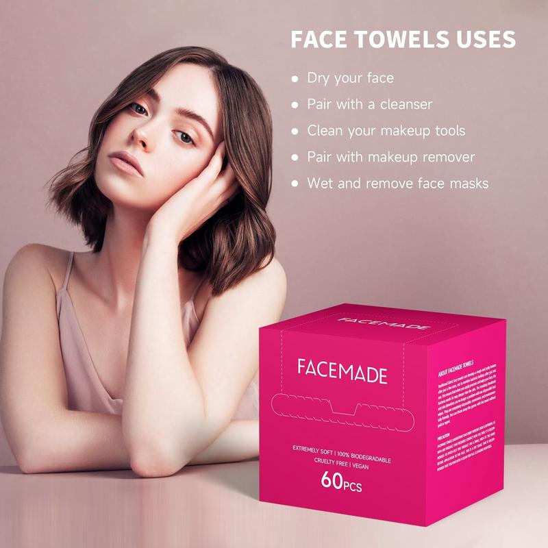 FACEMADE Face Towels 60 ct , USDA Certified 100% Biobased Face Towelettes, Ultra Soft Makeup Remover Dry Wipes, Disposable Facial Washcloth, Rose