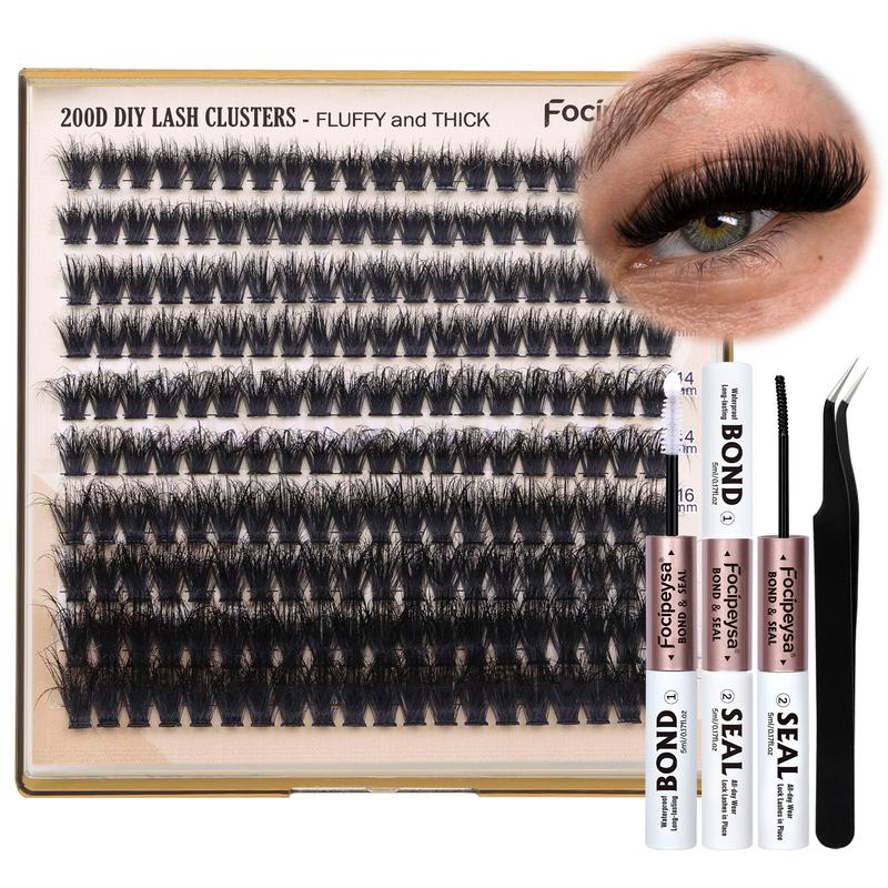 Focipeysa Lash Extension Kit Thick Eyelash Extension Kit 10-18mm Fluffy Lash Clusters 200D Individual Eyelashes Kit with Lash Bond and Seal Lash Applicator, DIY Lash Extensions at Home Easy to Apply for Beginners