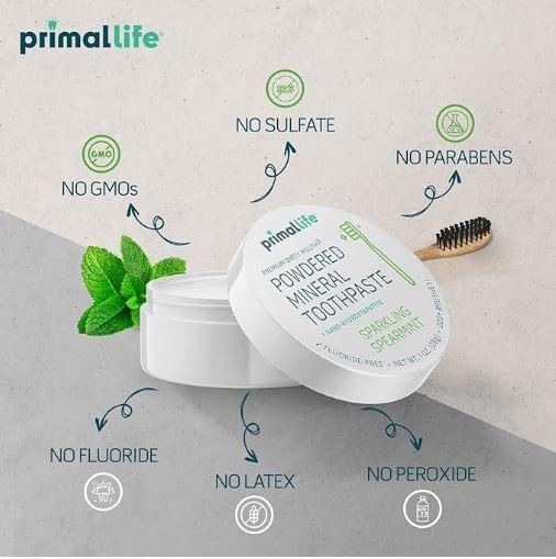 Primal Life Organics Premium Powdered Mineral Toothpaste - Tooth Powder - 1oz (28g) - 200+ Brushes Oral Clay