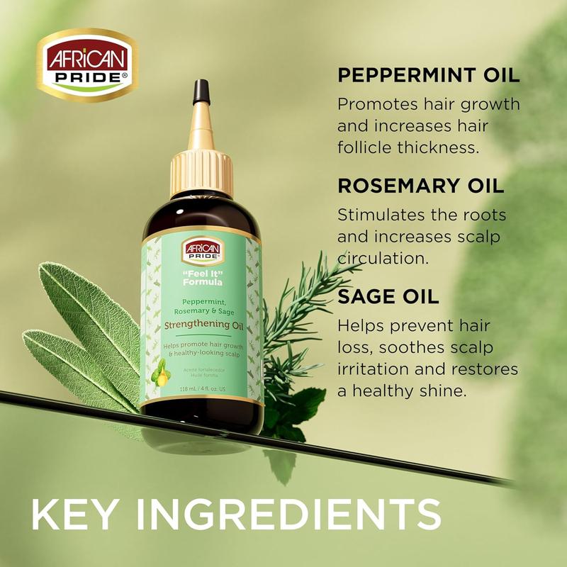 African Pride Feel It Formula, Strengthening Oil with Peppermint, Rosemary, and Sage, Helps promote Hair Growth, Nourishing Treatment for Split Ends and Dry Scalp for All Hair Types, 4 fl oz.