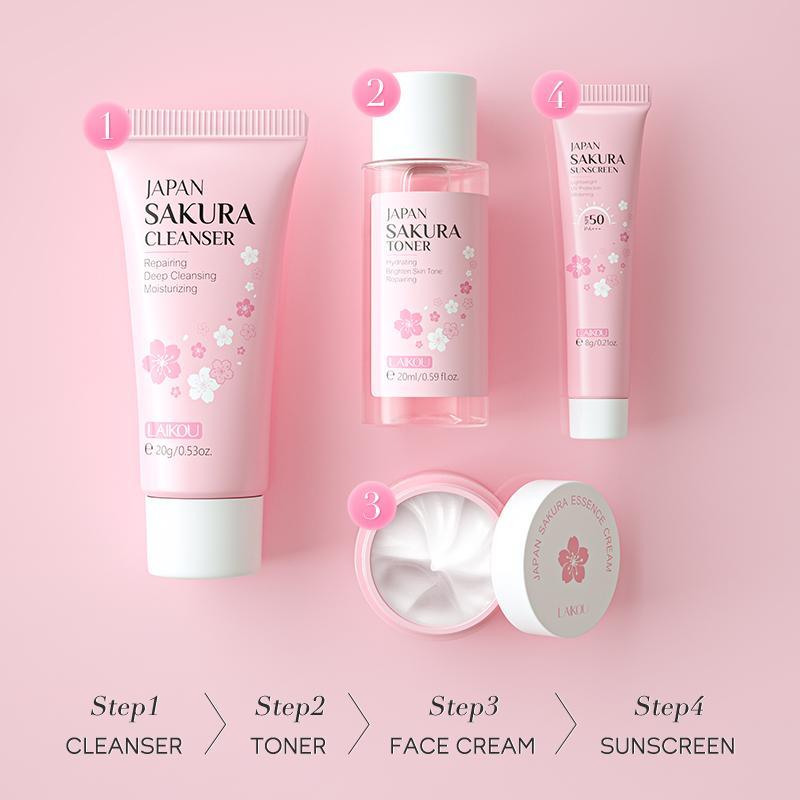 Sakura Travel Skincare Kit, 1 Count Deep Cleaning Facial Cleanser & 1 Count Moisturizing Facial Cream & 1 Count Softening Toner & 1 Count Hydrating Sunscreen, Professional Facial Skin Care Kit