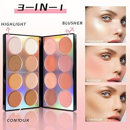 16 Colors Blush Contour Highlighter Makeup Palette with Brush, Matte Mineral Face Blush Powder for Cheek, Bright Shimmer Illuminator Bronzer Professional Facial Beauty Makeup Blushes Set