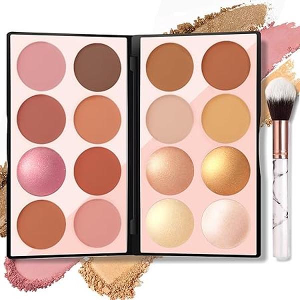 16 Colors Blush Contour Highlighter Makeup Palette with Brush, Matte Mineral Face Blush Powder for Cheek, Bright Shimmer Illuminator Bronzer Professional Facial Beauty Makeup Blushes Set