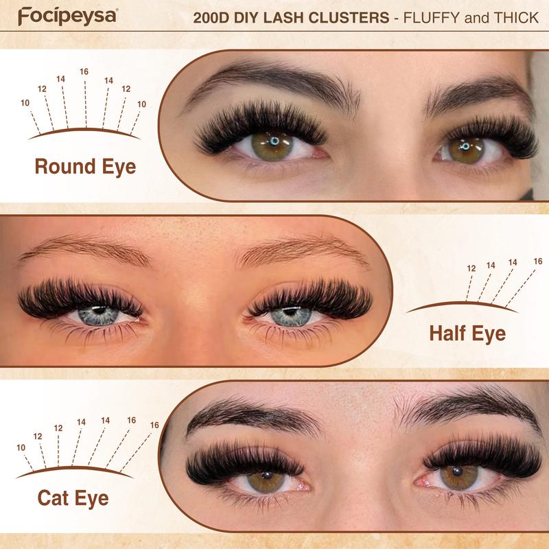 Focipeysa Lash Extension Kit Thick Eyelash Extension Kit 10-18mm Fluffy Lash Clusters 200D Individual Eyelashes Kit with Lash Bond and Seal Lash Applicator, DIY Lash Extensions at Home Easy to Apply for Beginners