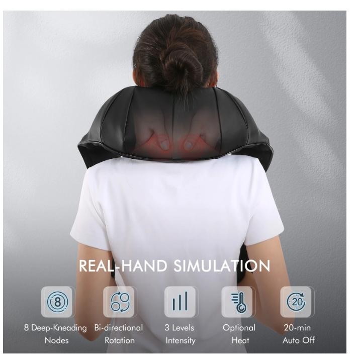 Neck and Shoulder Massager, 3D Deep Tissue Kneading Shiatsu Massager, Black