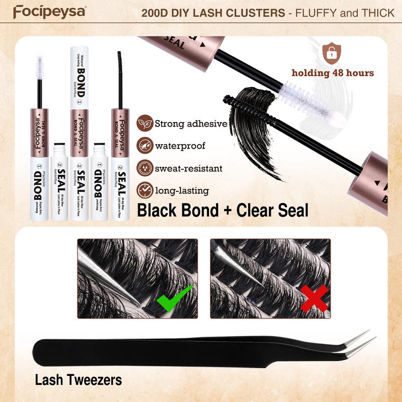 Focipeysa Lash Extension Kit Thick Eyelash Extension Kit 10-18mm Fluffy Lash Clusters 200D Individual Eyelashes Kit with Lash Bond and Seal Lash Applicator, DIY Lash Extensions at Home Easy to Apply for Beginners