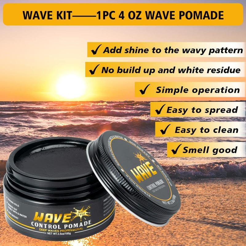 Hair Care Kit for Men's 360 Wave - Pomades for Strong Hold, Easy Wash, Moisture Control, Silky Shine & Training, Curved Brush, Durag Cap Set, Du-rag Synthetic Comfort