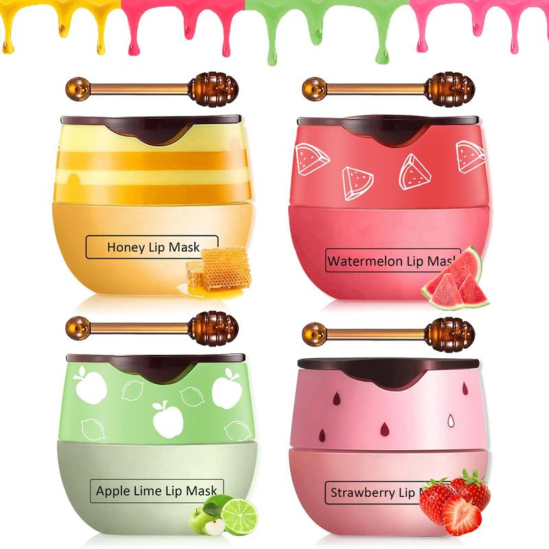 4 Pcs Bee Lip Balm Honey Pot,Strawberry&Watermelon&Honey&Apple Lime Lip Mask Overnight Hydrating Prevention Dry and Cracked Lip Scrubs Exfoliator Lip Care, Lip Sleeping Mask Reduces Lip Lines , lip liner , lipstick