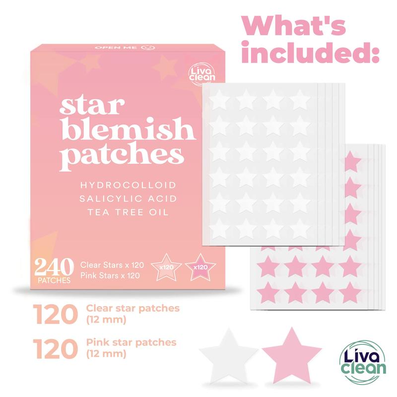 LivaClean 240 CT Star Pimple Patch - w Salicylic Acid & Tea Tree Oil - Pink & White Acne Patches Star - Pimple Patch Cute - Cute Pimple Patches - Star Pimple Patches for Face - Star Pimple Patches Skincare Blemish