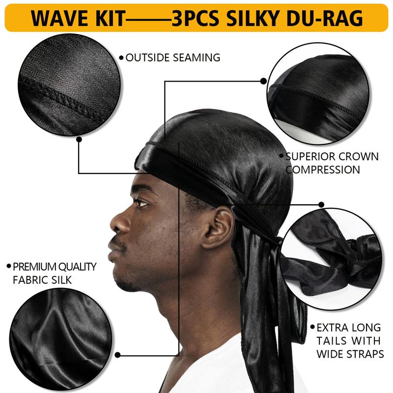 Hair Care Kit for Men's 360 Wave - Pomades for Strong Hold, Easy Wash, Moisture Control, Silky Shine & Training, Curved Brush, Durag Cap Set, Du-rag Synthetic Comfort