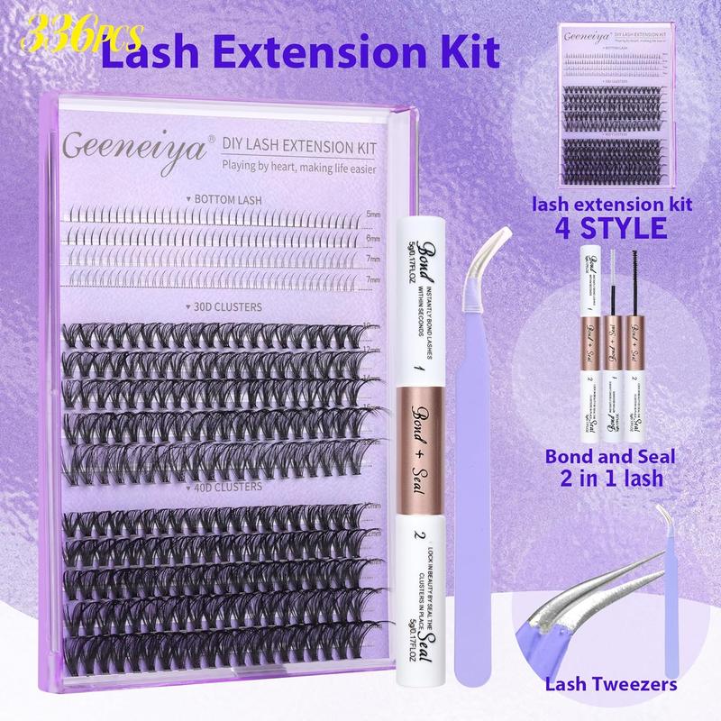 Geeneiya 10-18mm Lash Extension Kit with Bottom Lashes Cluster Eyelash Extensions D Curl Lash Clusters Kit with Waterproof Lash Bond and Seal, Lash Applicator for Beginners DIY at Home (0.05D)