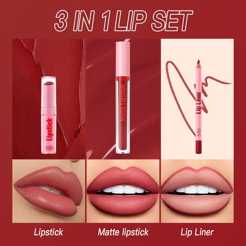 Long Lasting Lipstick & Lip Liner & Lip Gloss Set, 3 Counts set Matte Lipstick & Lip Liner & Lip Gloss, Moisturizing Lip Kit for Women