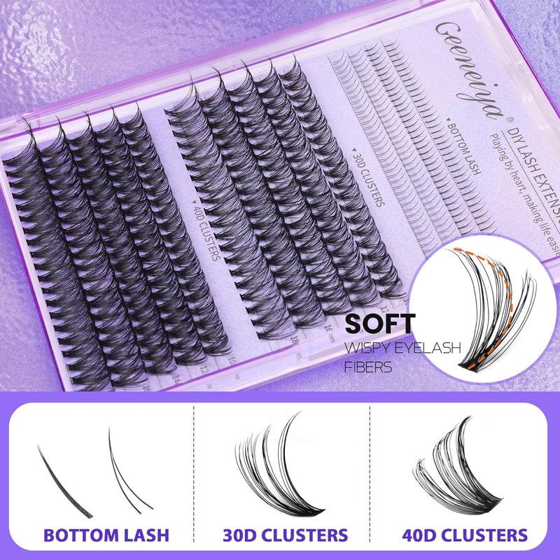 Geeneiya 10-18mm Lash Extension Kit with Bottom Lashes Cluster Eyelash Extensions D Curl Lash Clusters Kit with Waterproof Lash Bond and Seal, Lash Applicator for Beginners DIY at Home (0.05D)