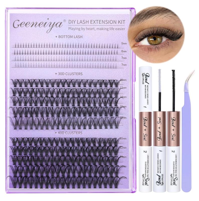 Geeneiya 10-18mm Lash Extension Kit with Bottom Lashes Cluster Eyelash Extensions D Curl Lash Clusters Kit with Waterproof Lash Bond and Seal, Lash Applicator for Beginners DIY at Home (0.05D)