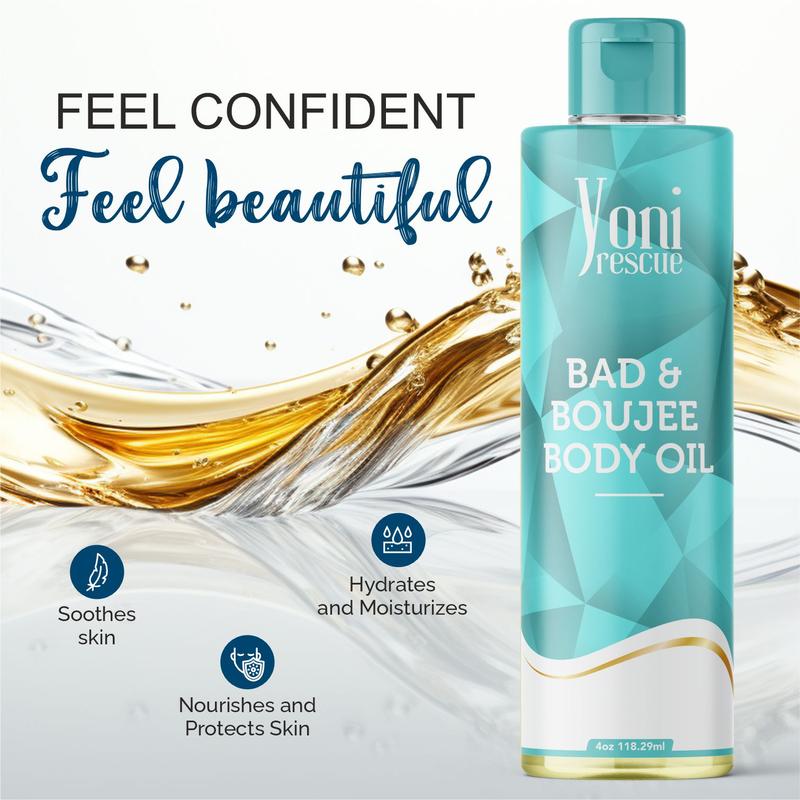 Yoni Rescue Bad & Boujee Body Oil, with Apricot, Jojoba, Avocado Oils & Vitamin E Oil, Fast-Absorbing, Nourishes and Hydrates Skin, Skin Repair, Body Care, Ideal for All Skin Types, 4oz,  Midnight Blooming Jasmine Fragrance Moisturizer