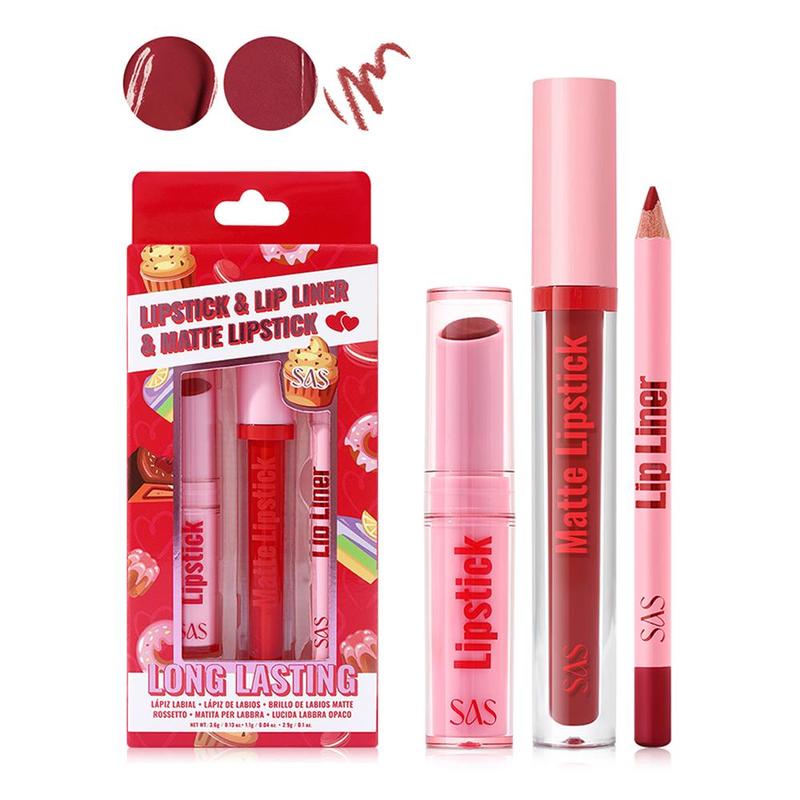 Long Lasting Lipstick & Lip Liner & Lip Gloss Set, 3 Counts set Matte Lipstick & Lip Liner & Lip Gloss, Moisturizing Lip Kit for Women