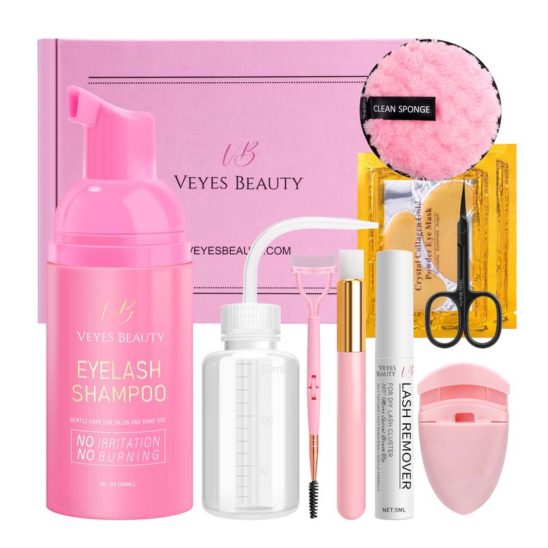 Veyesbeauty All-in-One LashCare Kit Upgraded Luxury DIY Lash Aftercare Cluster Lash Remover & Cleaner Kit for Eyelash Extensions and Natural Lashes Remover Shampoo Gel Eye Patch Eyelash Curler Cleansing Brush Mascara Wand Makeup Cosmetic Makeup Remover