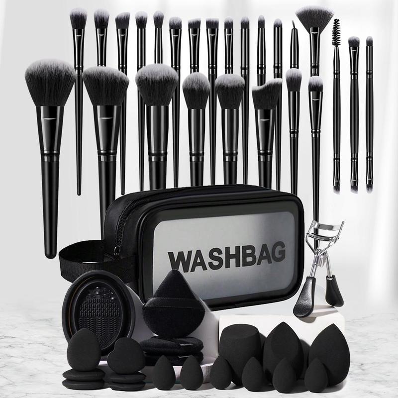 Christmas Beauty Makeup Tool Set, 46pcs set Makeup Brush & Beauty Sponge & Puff & Makeup Bag & Eyelash Curler & Cleaning Pad, Professional Makeup Tools Set,