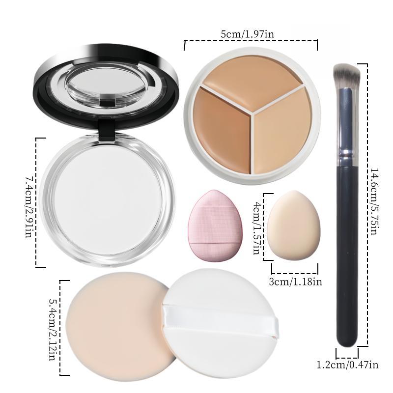 Professional Makeup Sets, 3 Color Concealer Palette & Makeup Setting Powder & Makeup Brush & Round Makeup Puff & Finger Tip Puff, Makeup Gift