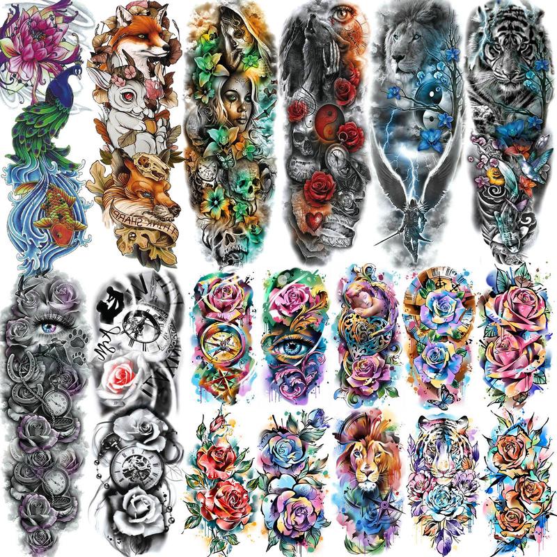 Flower & Animal Pattern Temporary Tattoos, Large Full Arm Fake Tattoo Sticker, Body Art Decoration for Women & Men